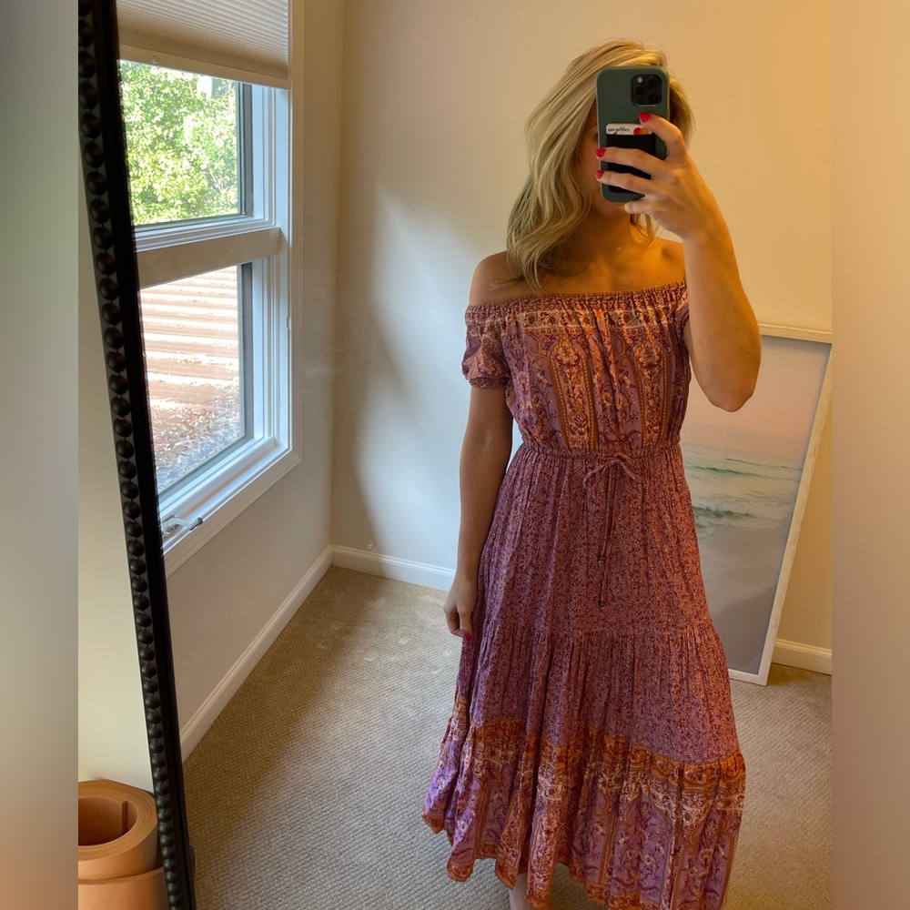 Arnhem Bohemian pink and orange off the shoulder fall midi dress
